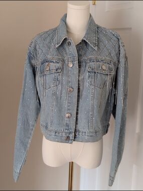 NWT Steve Madden Rhinestone Fringe Denim Jacket Light Wash Medium RARE
